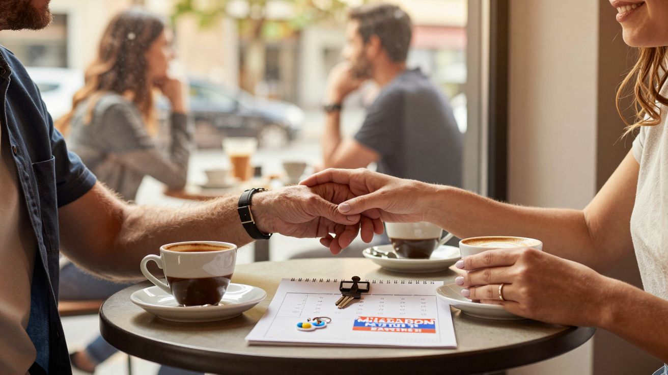 Paar hält sich in einem Café an den Händen, mit Kaffee und Notizblock auf dem Tisch, während ein weiteres Paar im Hintergrund