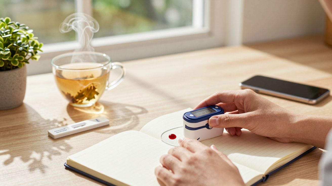 Person misst Blutzucker, Teetasse und Smartphone auf Holztisch, Pflanze im Hintergrund.