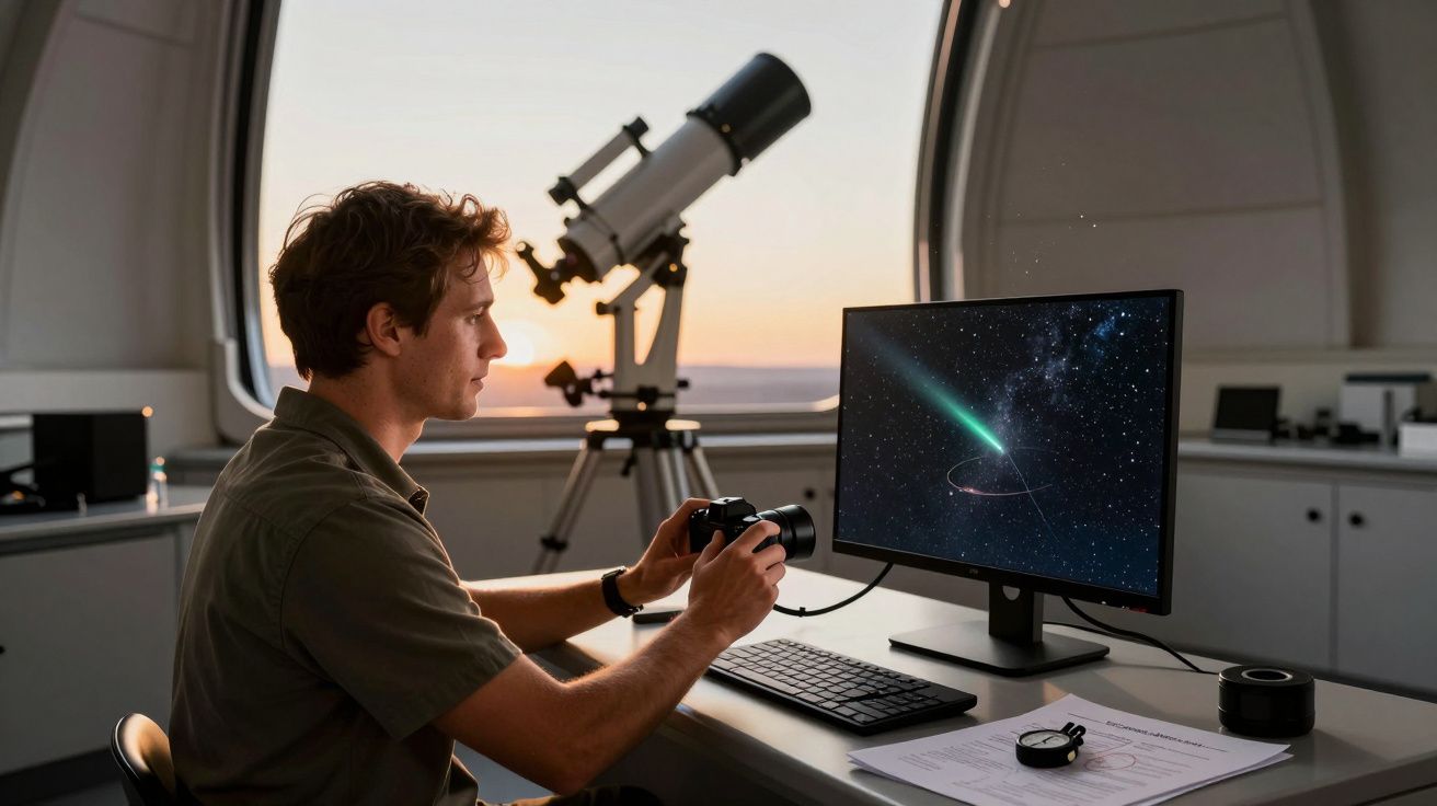 Ein Mann beobachtet stellare Daten auf einem Computerbildschirm, im Hintergrund steht ein Teleskop.