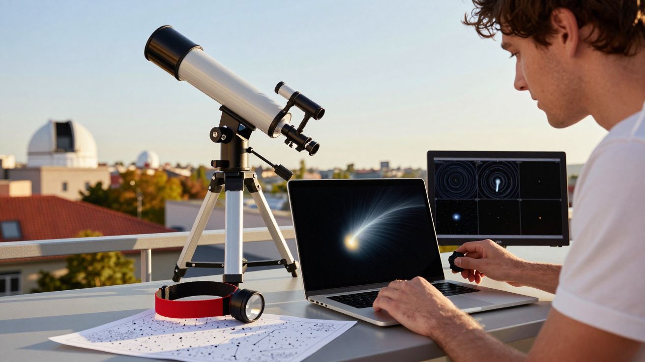 Mann arbeitet mit Laptop und Teleskop auf einer Dachterrasse, mit Sternkarten und Computergrafiken von Himmelskörpern.