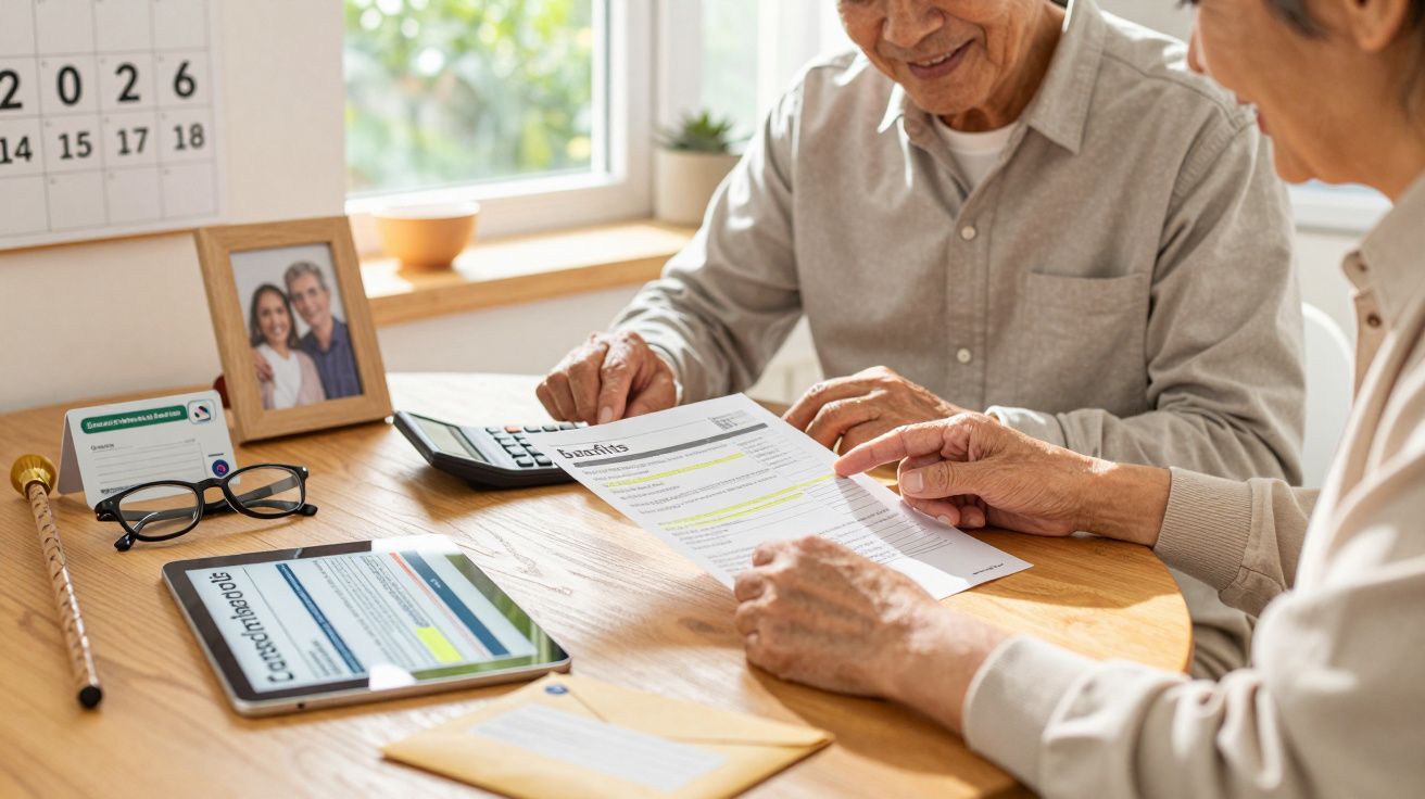 Älteres Paar sitzt am Tisch, prüft Dokumente mit Tablet und Brille, Kalender und Foto im Hintergrund.