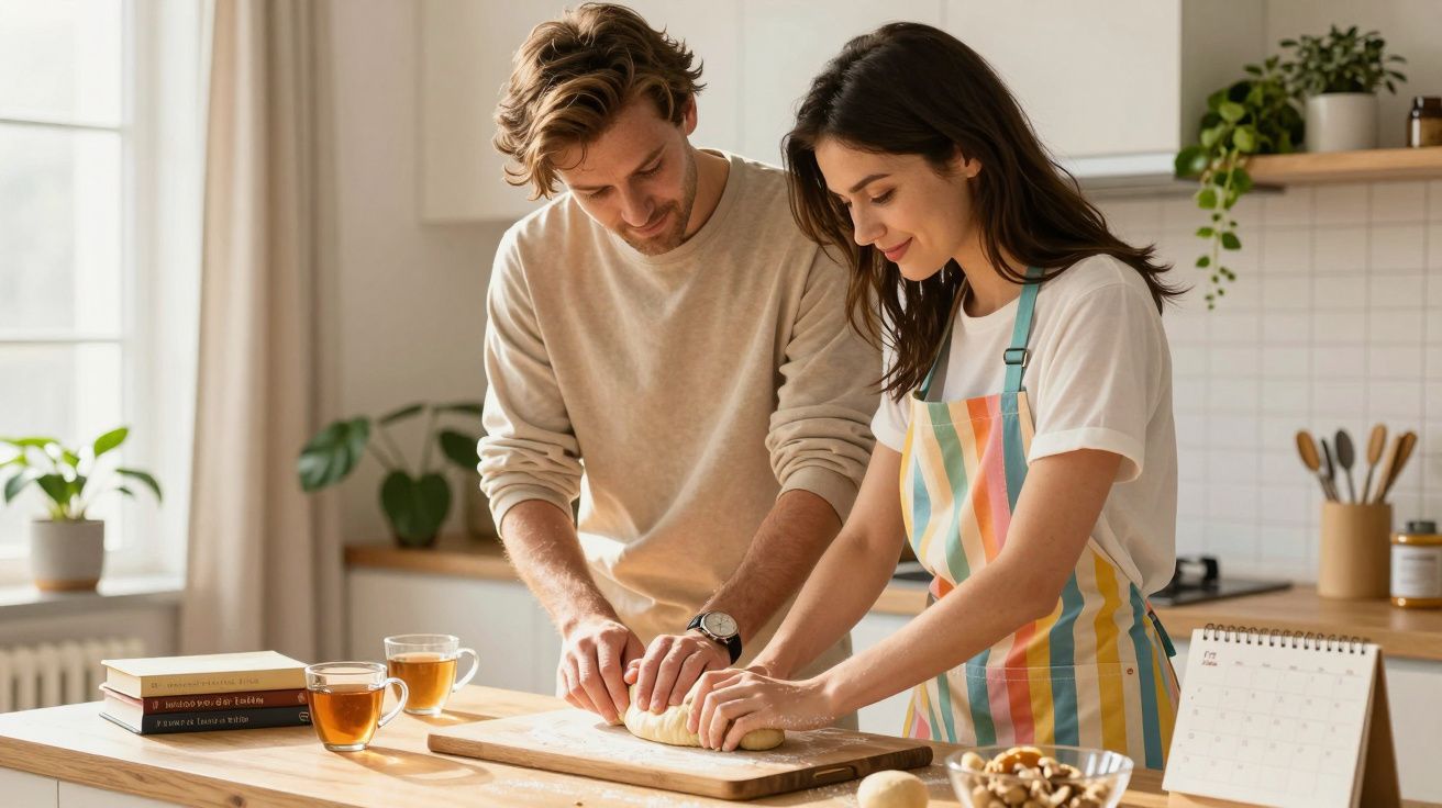 Ein Mann und eine Frau kneten zusammen Teig in einer hellen Küche, umgeben von Pflanzen und Teetassen.