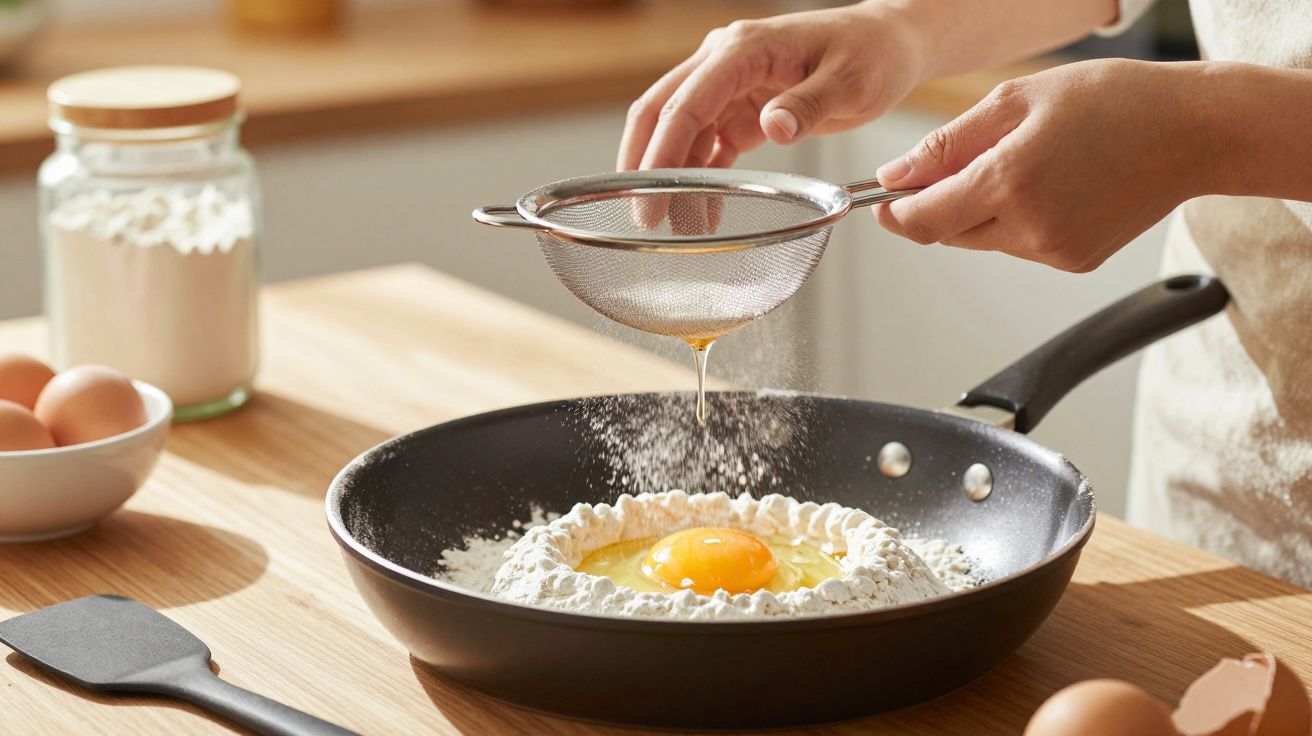 Eine Person siebt Mehl über eine Pfanne mit einem Ei in einer Mulde aus Mehl, auf einem Holzbrett in der Küche.