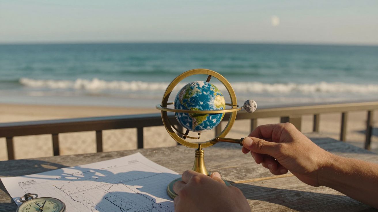 Hände drehen einen Armillarsphäre-Globus auf einem Tisch am Strand mit Meer im Hintergrund.