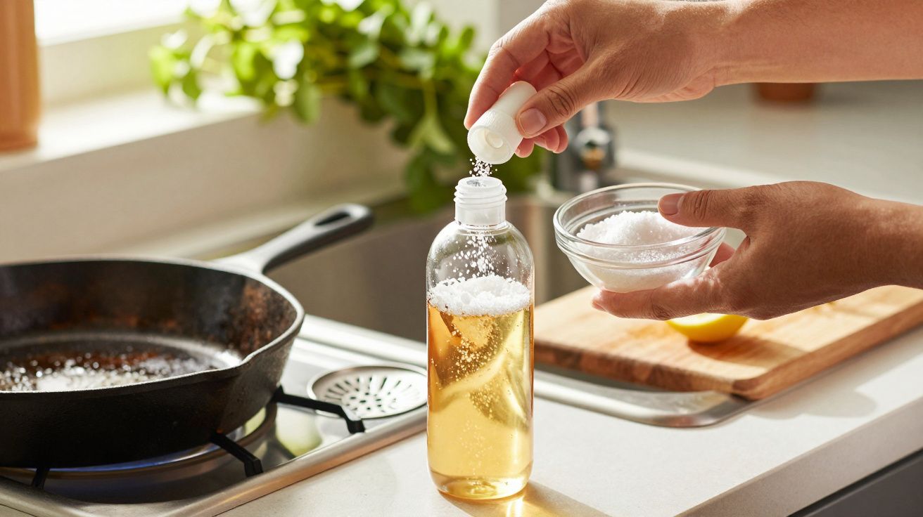Person füllt Zucker in eine transparente Flasche mit brauner Flüssigkeit in einer Küche. Gusseisenpfanne im Hintergrund.