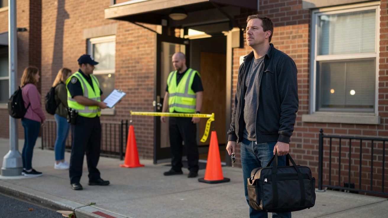 Mann mit Tasche steht vor abgesperrtem Gebäude, zwei Sicherheitskräfte und zwei Frauen im Hintergrund.