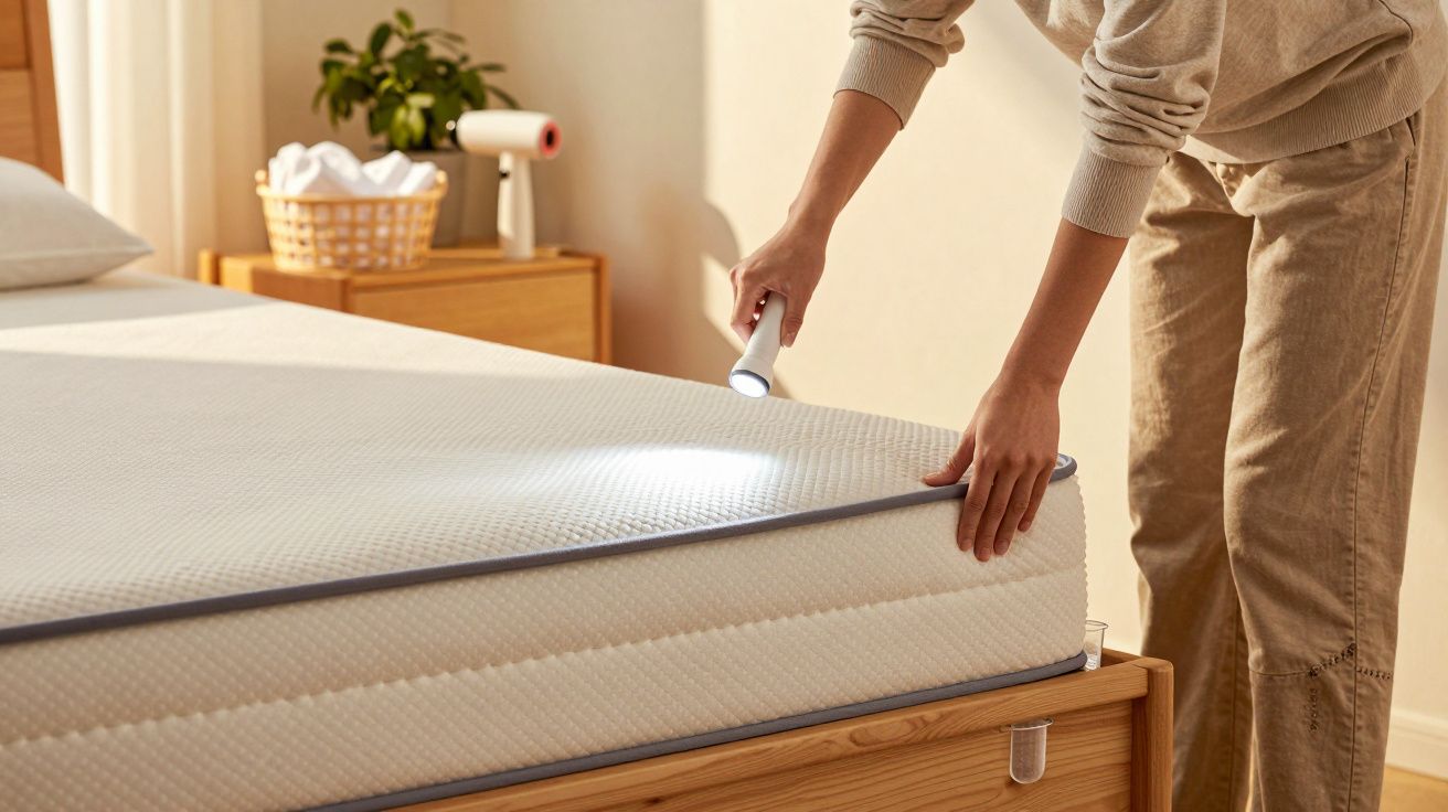 Person prüft Matratze mit Taschenlampe in hell beleuchtetem Schlafzimmer, Pflanzen und Korb im Hintergrund.