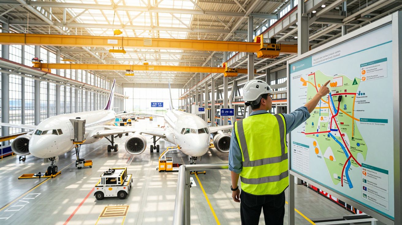 Ingenieur mit Helm zeigt auf ein Diagramm in einer Flugzeugwartungshalle mit zwei Flugzeugen und Arbeitsfahrzeugen.