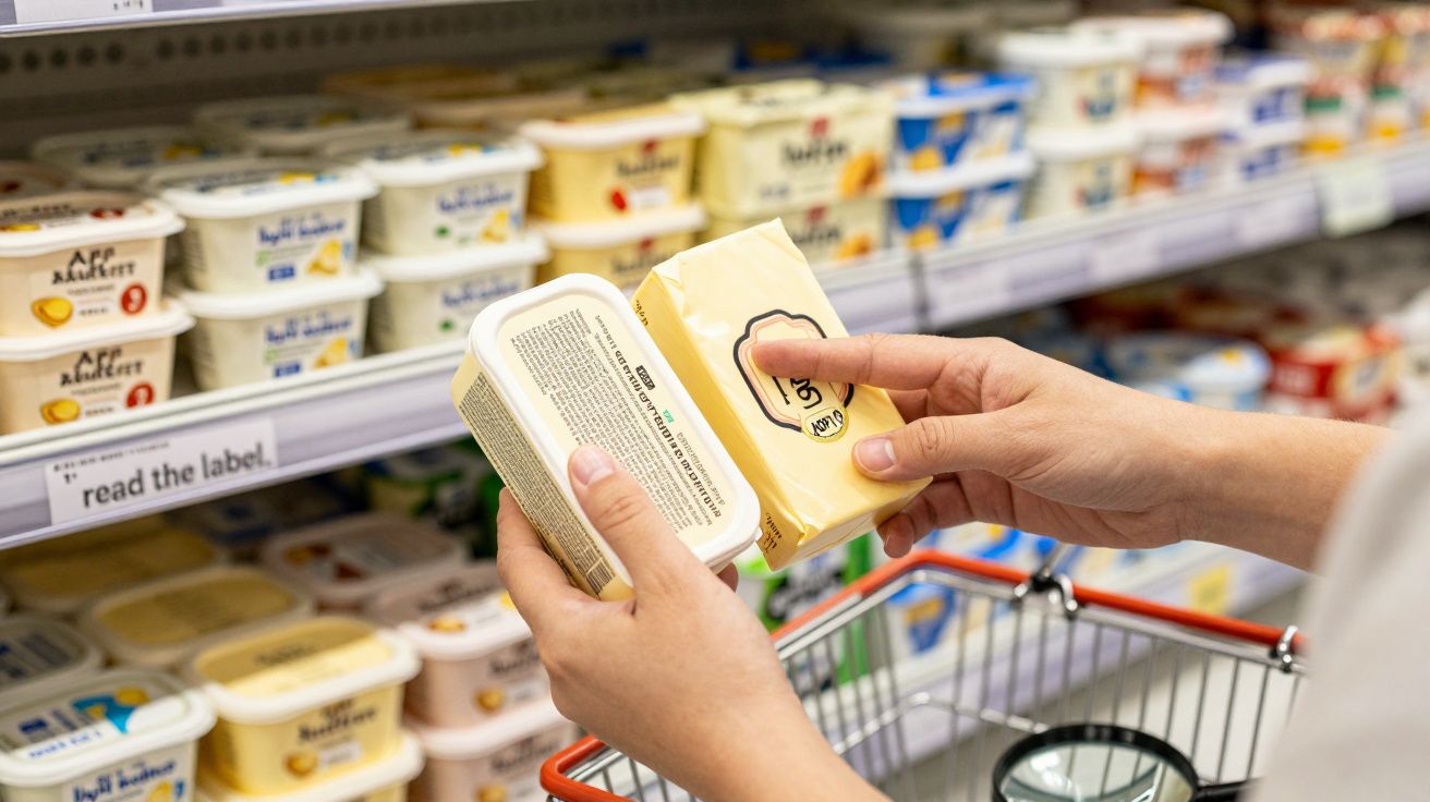 Person im Supermarkt, die zwei Margarine-Packungen vergleicht. Einkaufswagen im Vordergrund, Kühlregal im Hintergrund.
