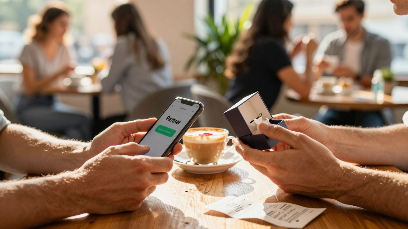 Personen sitzen im Café, einer hält ein Smartphone, der andere einen Karton, mit Cappuccino und Quittung auf dem Tisch.