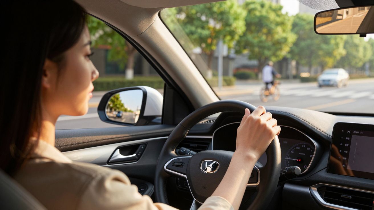 Frau fährt ein Auto auf einer sonnigen Straße, im Hintergrund ist ein Fahrradfahrer zu sehen.