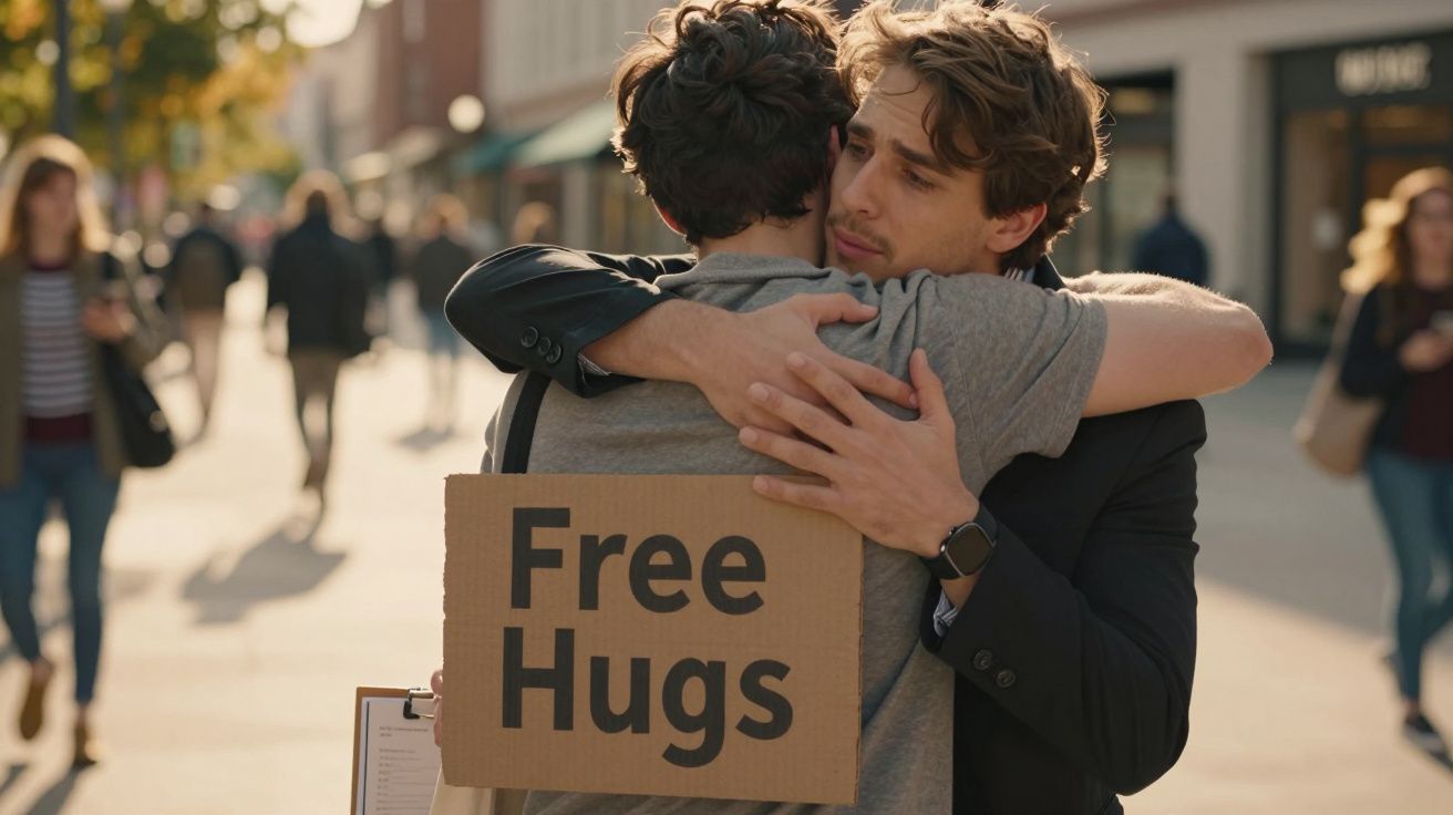 Zwei Männer umarmen sich auf einer belebten Straße. Einer trägt ein Schild mit der Aufschrift "Free Hugs".