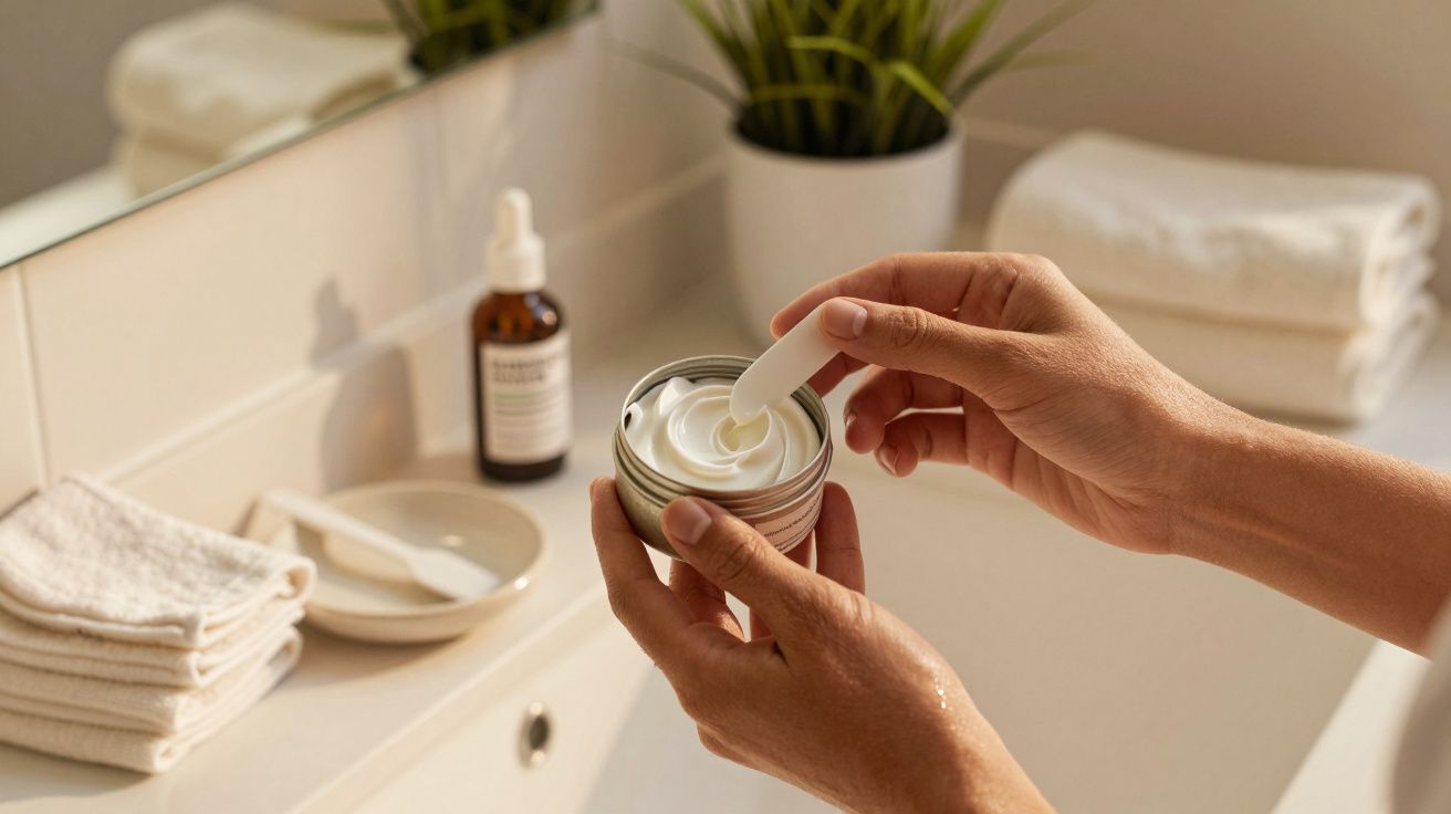 Hände halten einen Cremetiegel im Badezimmer mit Pflanzen und Handtüchern im Hintergrund.