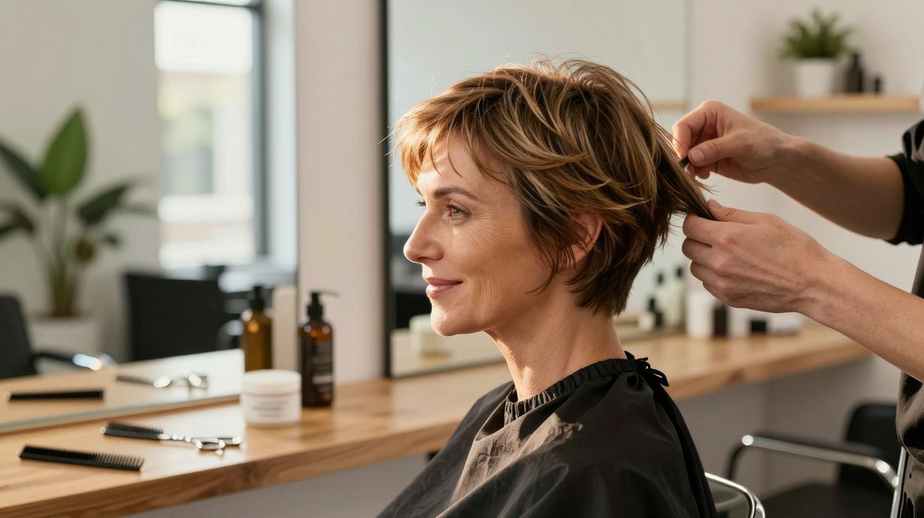 Frau mit kurzem Haar während eines Haarschnitts im Friseursalon, sitzend vor einem Spiegel mit Friseurprodukten.