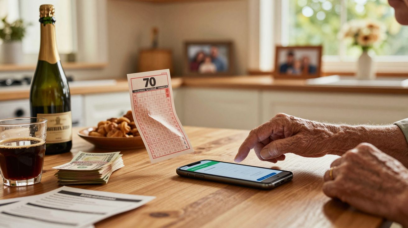 Älterer Mensch tippt auf Smartphone, mit Lottozettel, Bargeld und Sektflasche auf Tisch in heimischer Küche.