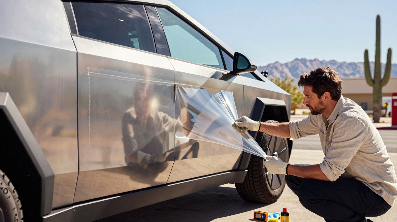 Mann entfernt Schutzfolie von einem futuristischen Fahrzeug in einer Wüstenlandschaft mit Kakteen im Hintergrund.