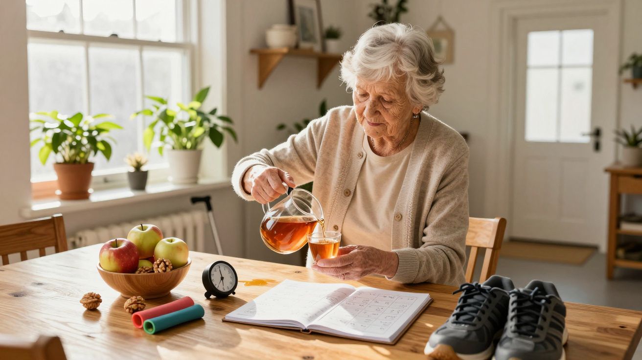 Ältere Frau gießt Tee ein, umgeben von Obst, Buch, Hanteln, Uhr und Schuhen auf einem Holztisch in sonnigem Raum.