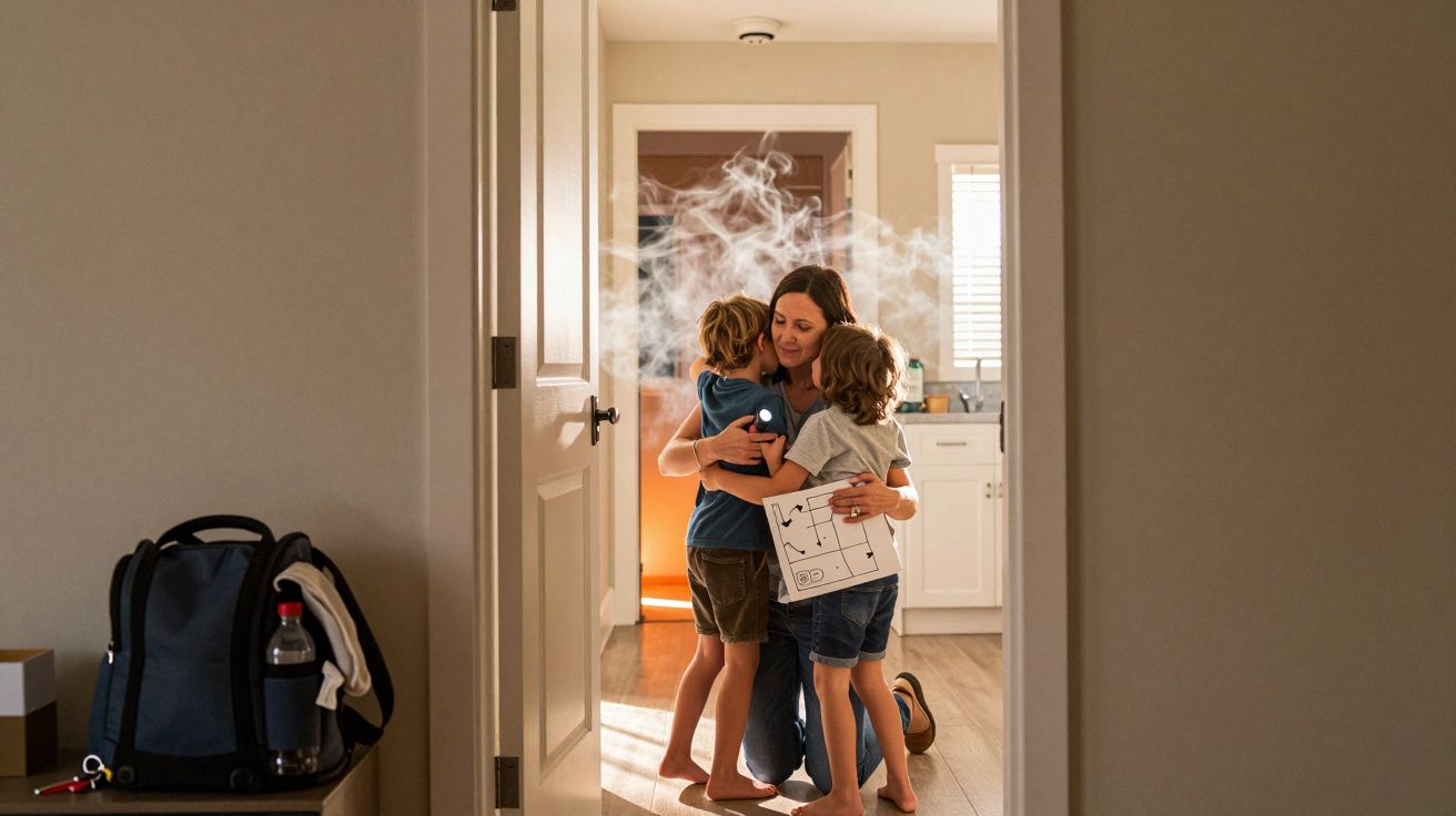Frau umarmt zwei Kinder in einem rauchigen Raum, während Rauchmelder piept. Tasche und Flasche im Vordergrund.