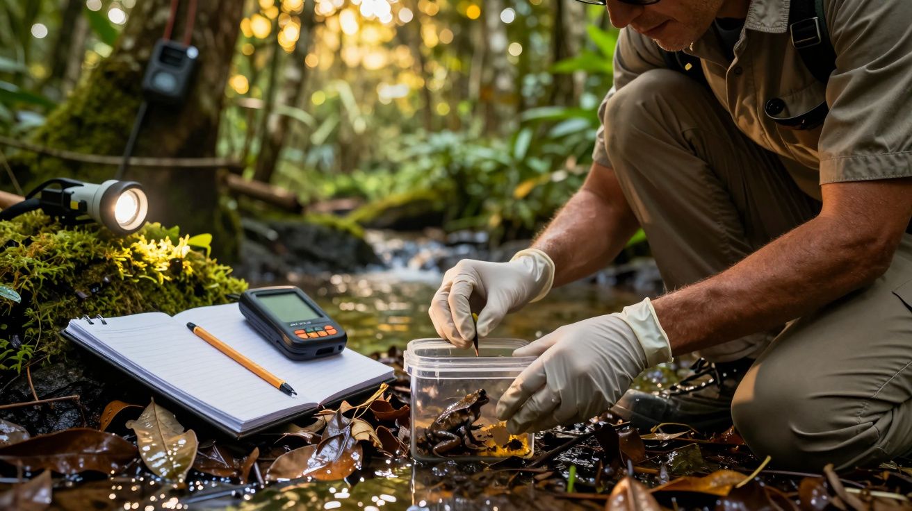 Forscher im Dschungel untersucht in einem Behälter Kleintiere, mit Notizbuch und Taschenlampe daneben.