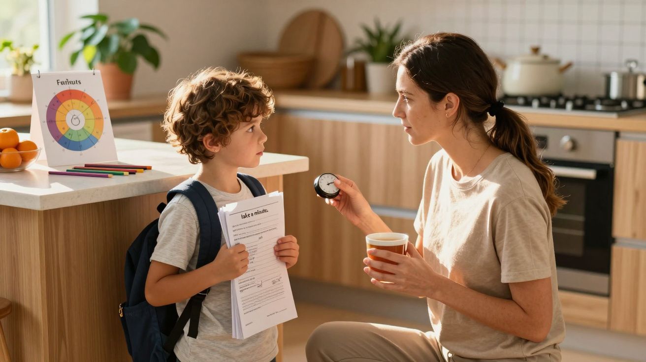 Frau spricht mit Kind in moderner Küche, Kind hält Papiere, Frau hält Stoppuhr und Tasse, Kreisdiagramm auf dem Tisch.