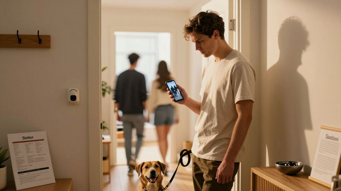 Mann hält Handy und Hundeleine in Flur, während zwei Personen im Hintergrund einen Raum betreten.