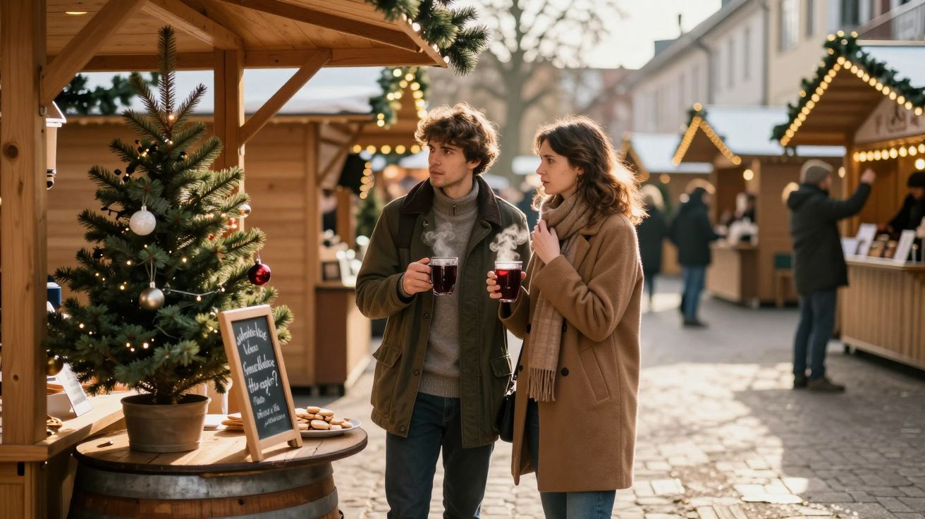 Pärchen trinkt Glühwein auf einem Weihnachtsmarkt, umgeben von Holzbuden und einem geschmückten Weihnachtsbaum.