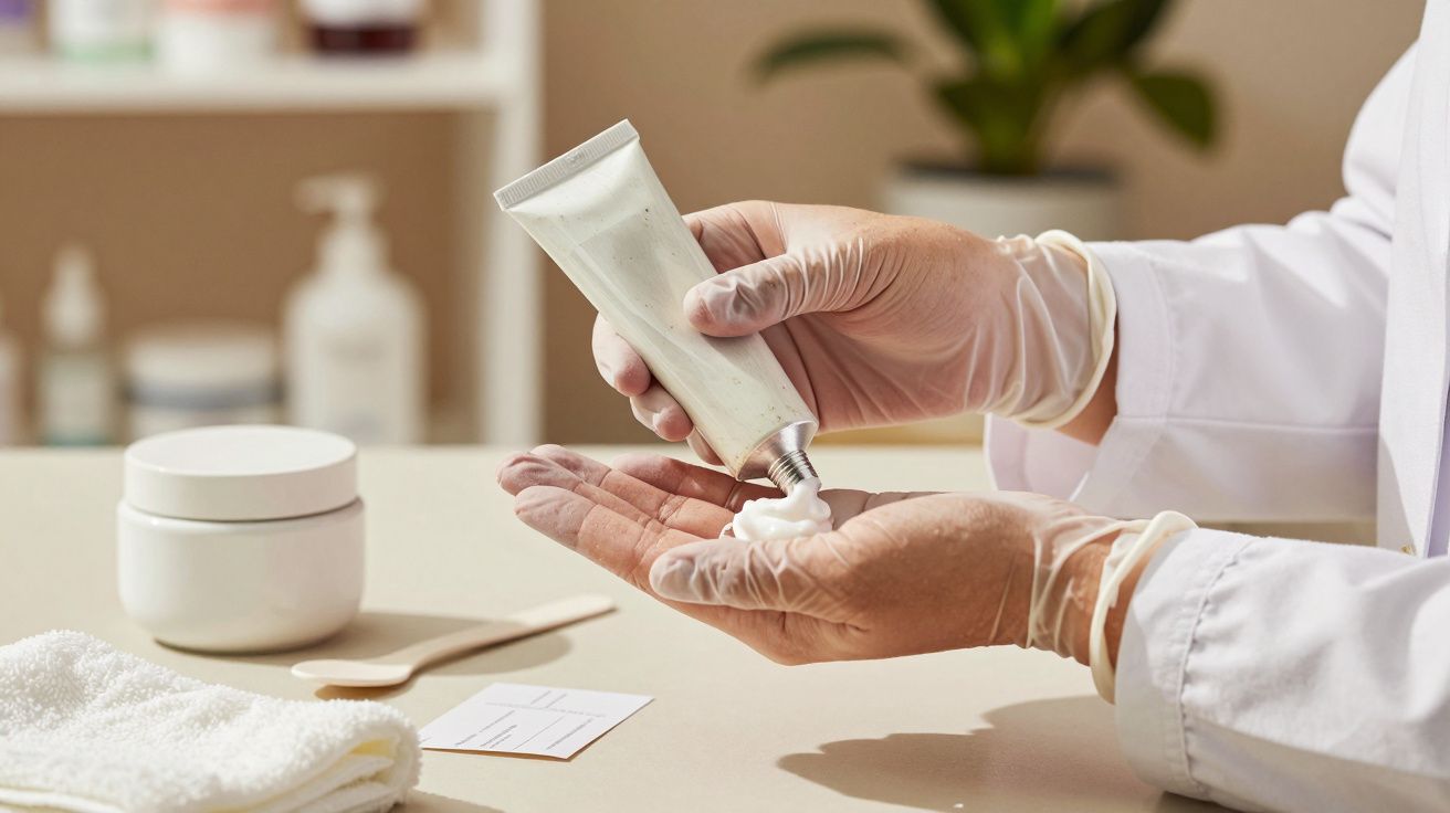 Hände in weißen Handschuhen drücken Creme aus einer Tube auf die Handfläche, Laborhintergrund.