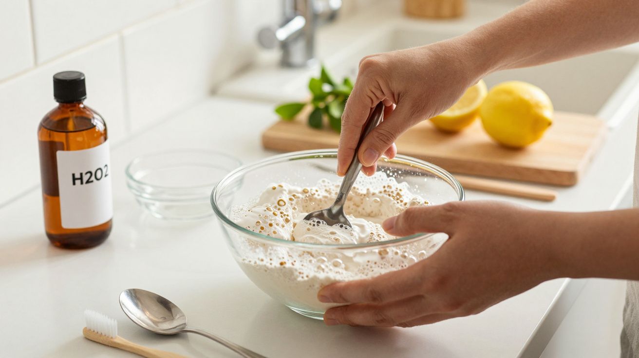 Person rührt mit einem Löffel in einer Glasschüssel mit Schaum, daneben eine Flasche H2O2 und Zitronen auf einem Brett.