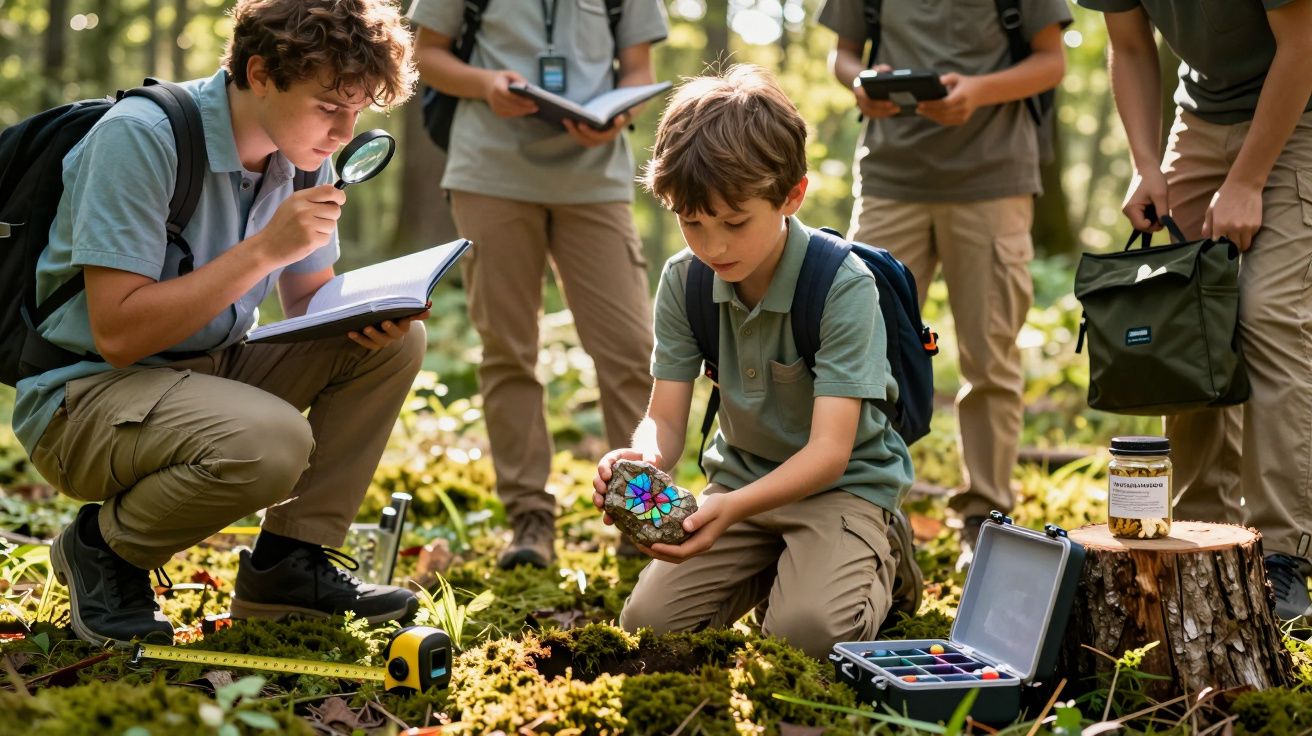 Kinder erkunden den Wald, lesen in einem Buch, nutzen eine Lupe und untersuchen ein Objekt.