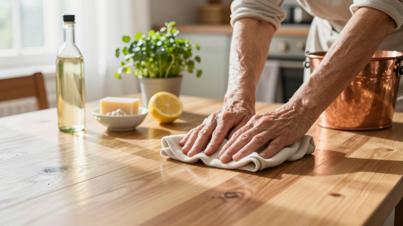 Hände wischen einen Holztisch ab. Im Hintergrund Pflanzen, eine Zitrone und eine Flasche Olivenöl.
