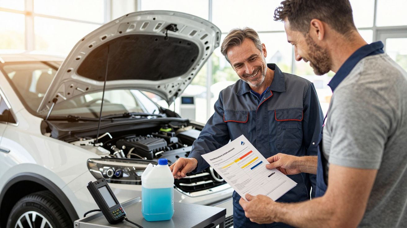 Mechaniker und Kunde besprechen einen Reparaturbericht neben einem Auto mit offener Motorhaube in der Werkstatt.