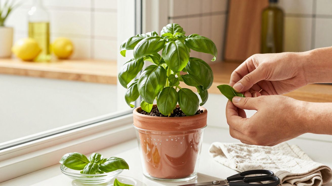 Hände pflücken Basilikumblätter von einer Pflanze im Topf auf einem Küchentresen neben einer Schere.
