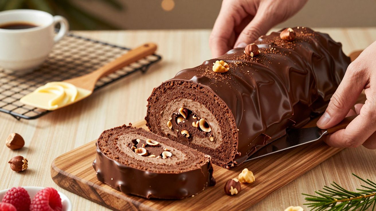 Schokoladenbiskuitrolle mit Nüssen auf Holzbrett, daneben Kaffee und Himbeeren, Person schneidet ein Stück ab.
