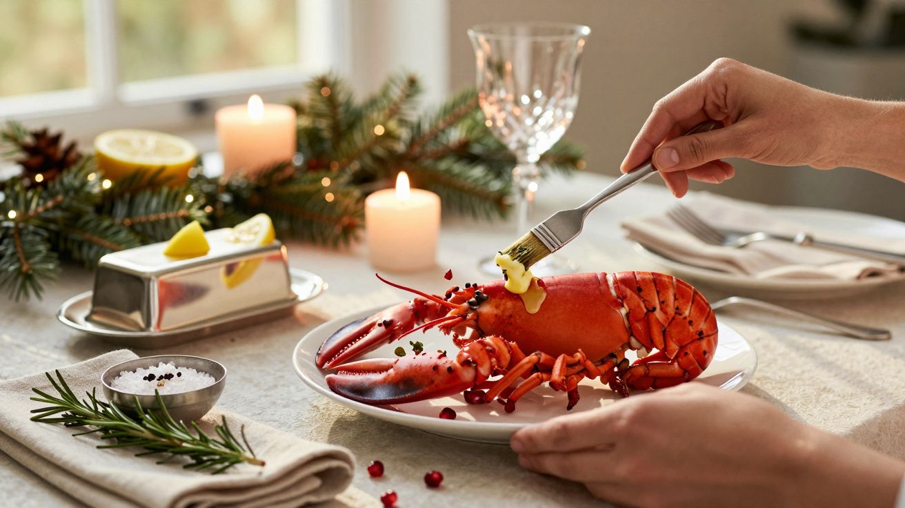 Ein gedeckter Tisch mit Kerzen, Hummer auf einem Teller und einer Hand, die mit einer Gabel Butter hinzufügt.