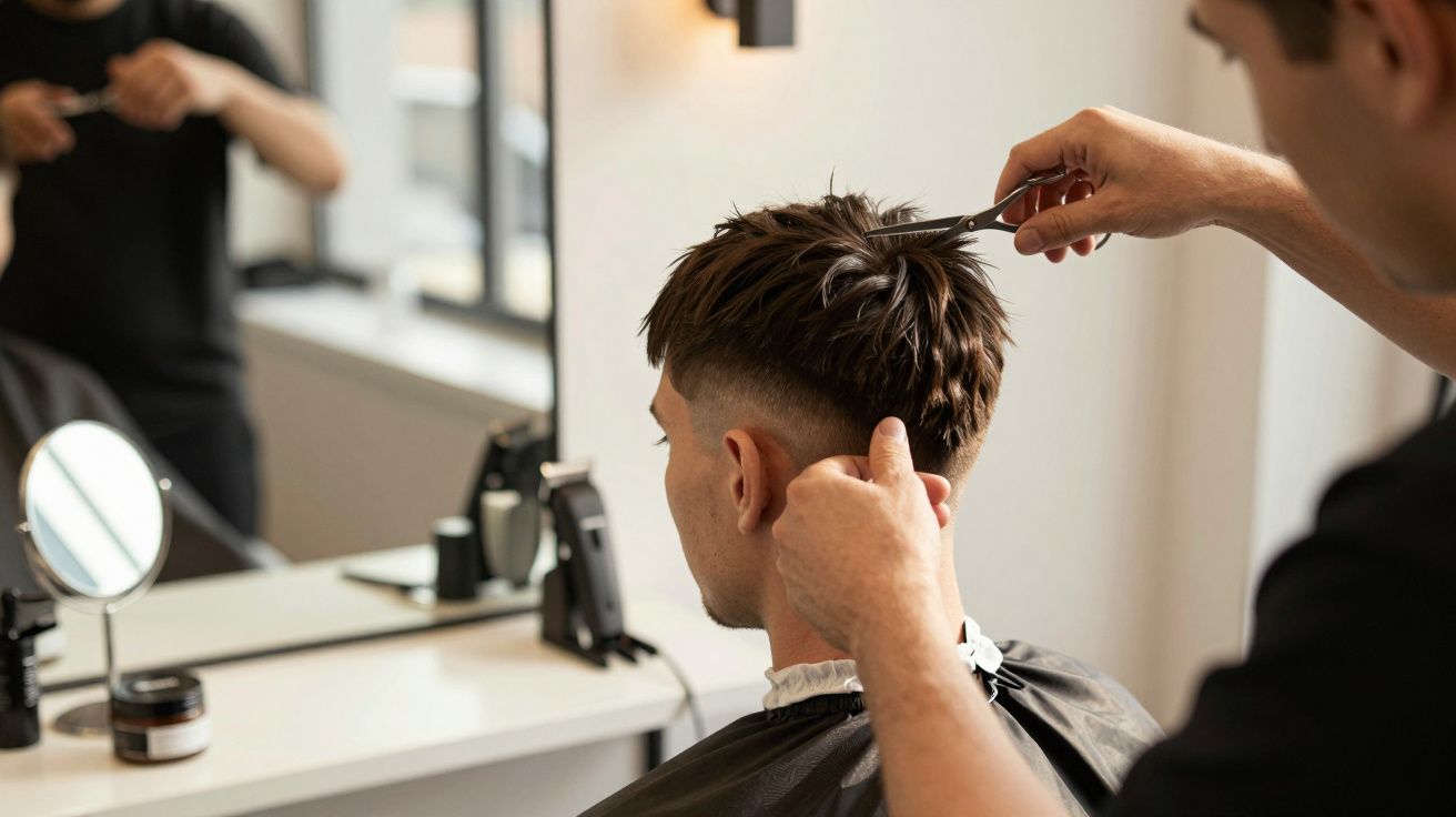 Ein Friseur schneidet einem Kunden die Haare in einem modernen Salon.