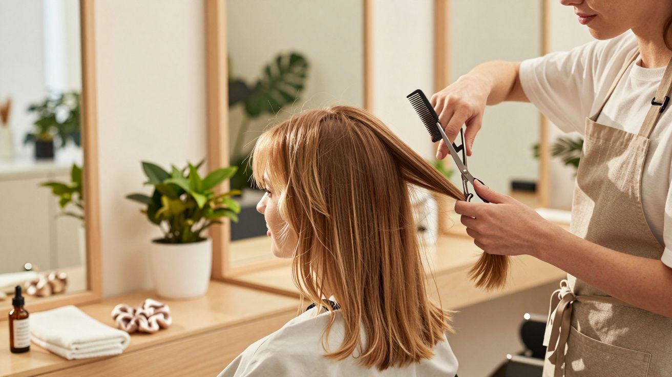 Friseurin schneidet einer Kundin im Salon die Haare. Pflanzen und Spiegel im Hintergrund.