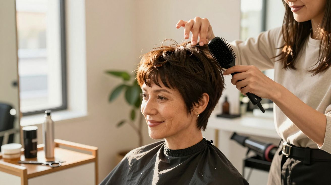 Friseur stylt die Haare einer lächelnden Frau im Salon, mit Kämmen und Styling-Produkten auf einem Tisch im Hintergrund.