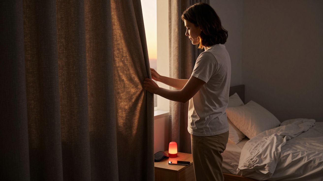 Person zieht am Morgen den Vorhang beiseite, um das Sonnenlicht ins Schlafzimmer zu lassen.