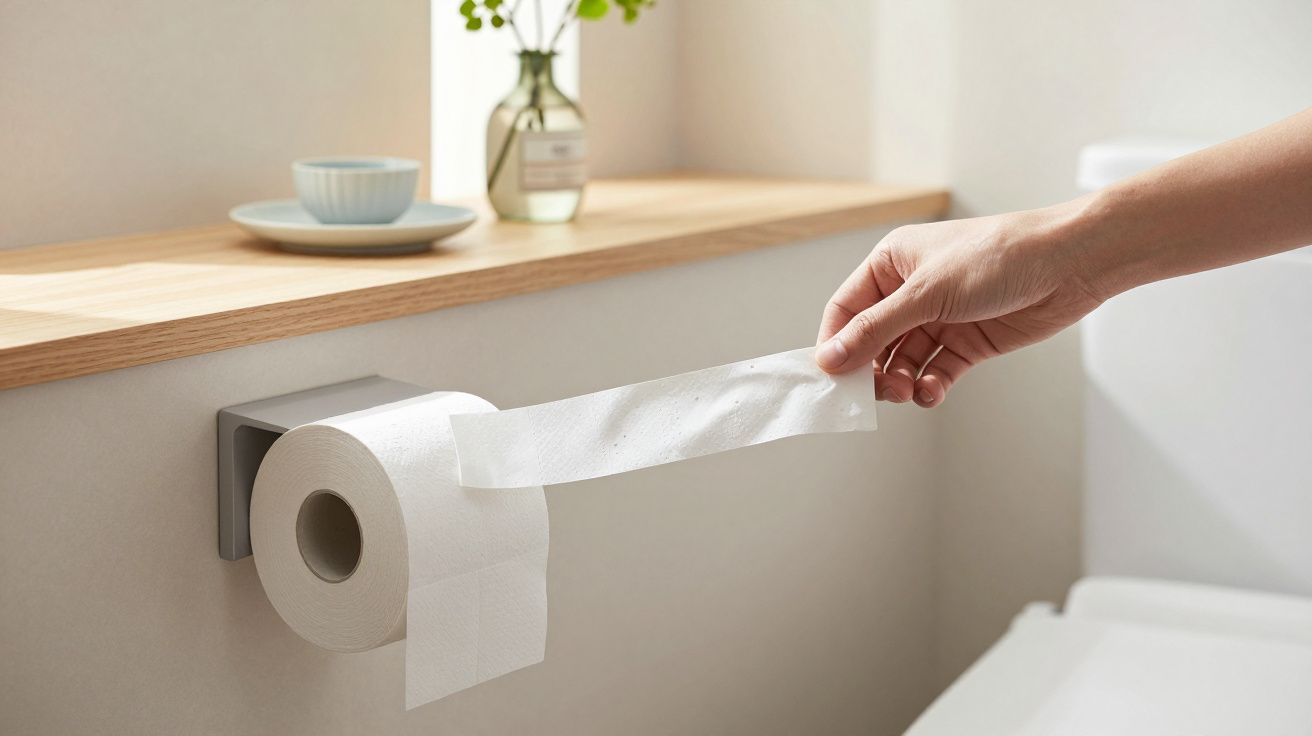 Hand zieht Toilettenpapier von der Rolle neben einem Fensterbrett mit Vase und Schale ab.