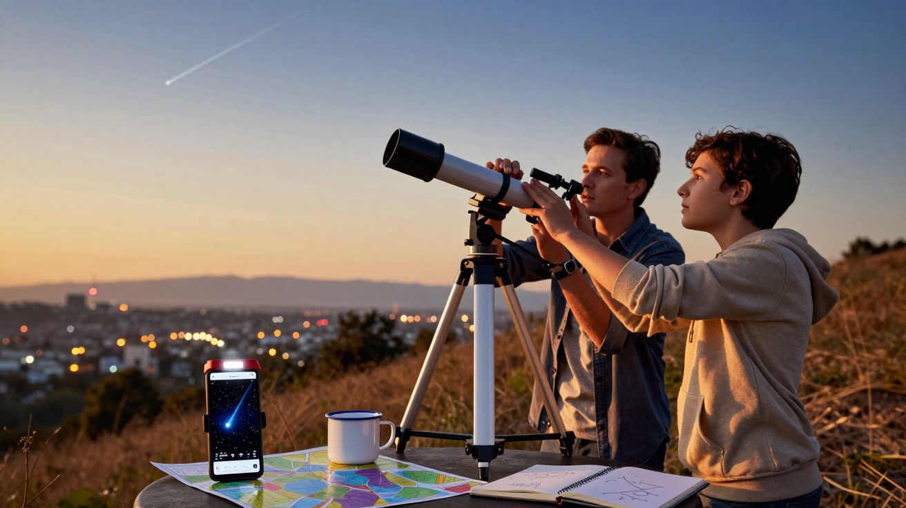 Zwei Personen betrachten mit einem Teleskop den Nachthimmel, während im Hintergrund eine Stadt in der Dämmerung leuchtet.
