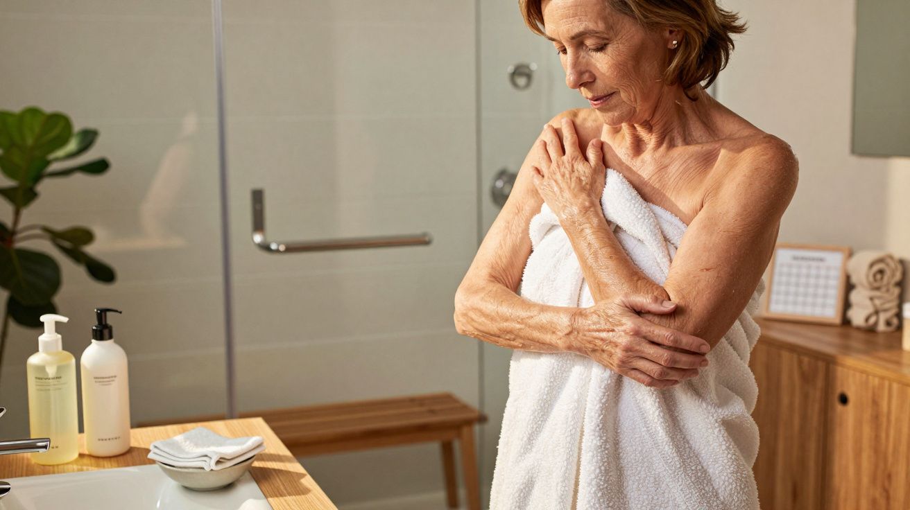 Ältere Frau umhüllt in ein weißes Handtuch im Badezimmer, stehend vor einem Waschbecken mit Pflegeprodukten.