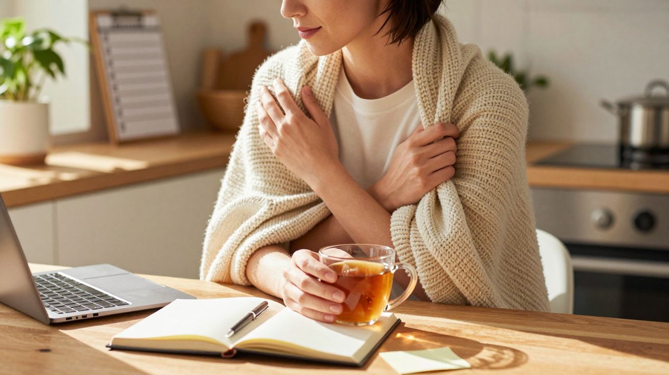 Frau sitzt in der Küche, eingewickelt in eine Decke, mit Tee und Notizbuch vor einem Laptop, bei Tageslicht.