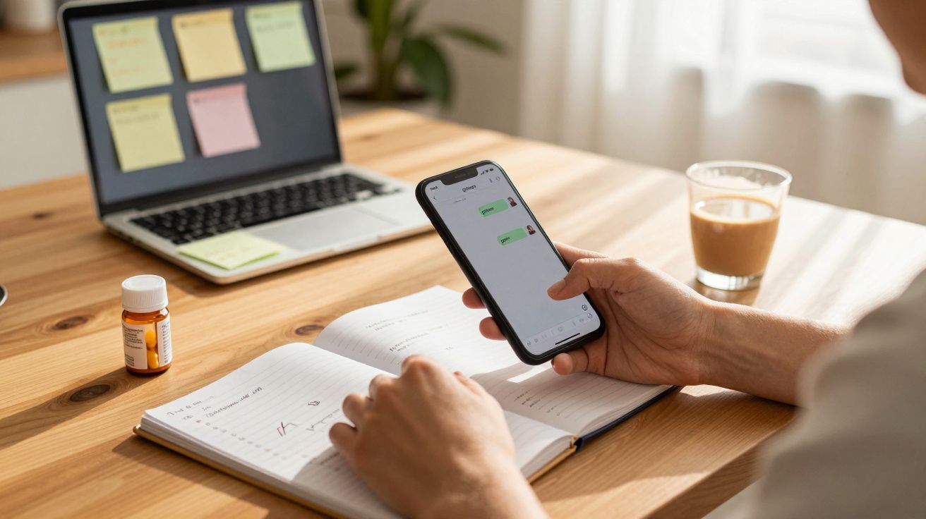 Person hält Smartphone über Notizbuch, Laptop und Getränke auf Holztisch im Hintergrund.