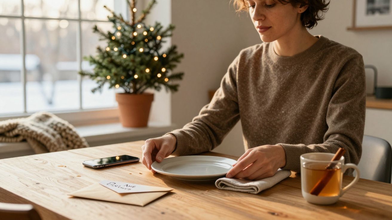 Frau sitzt am Tisch mit Teller und Tee, kleiner Weihnachtsbaum im Hintergrund.