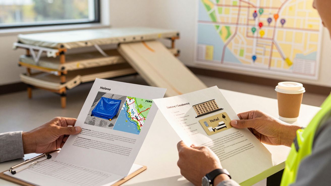 Zwei Personen halten Dokumente über Evakuierungspläne, im Hintergrund sind gestapelte Betten und eine Karte zu sehen.