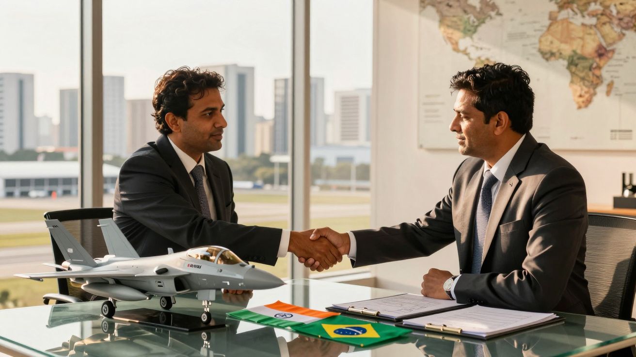 Zwei Männer im Anzug schütteln Hände über einem Tisch mit Flugzeugmodell und brasilianischer Flagge im Büro.