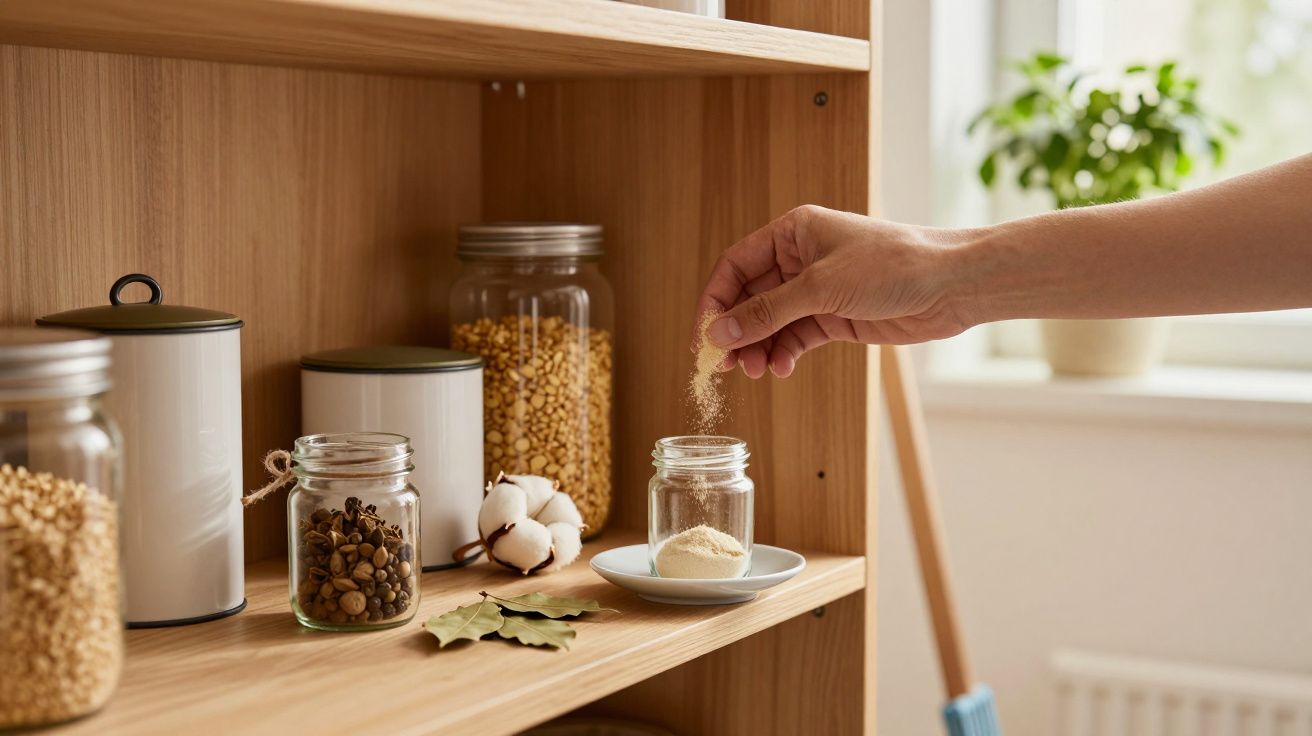 Hand streut Pulver in Glas auf Holzregal, umgeben von Vorratsgläsern mit Getreide und Gewürzen, Pflanze im Hintergrund.