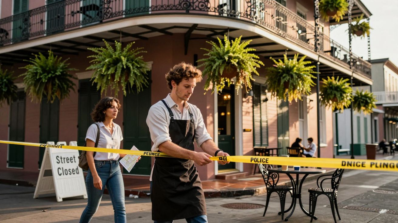 Mann spannt Polizeiband vor geschlossenem Café in sonniger Stadtstraße, Frau im Hintergrund mit Notizbuch.