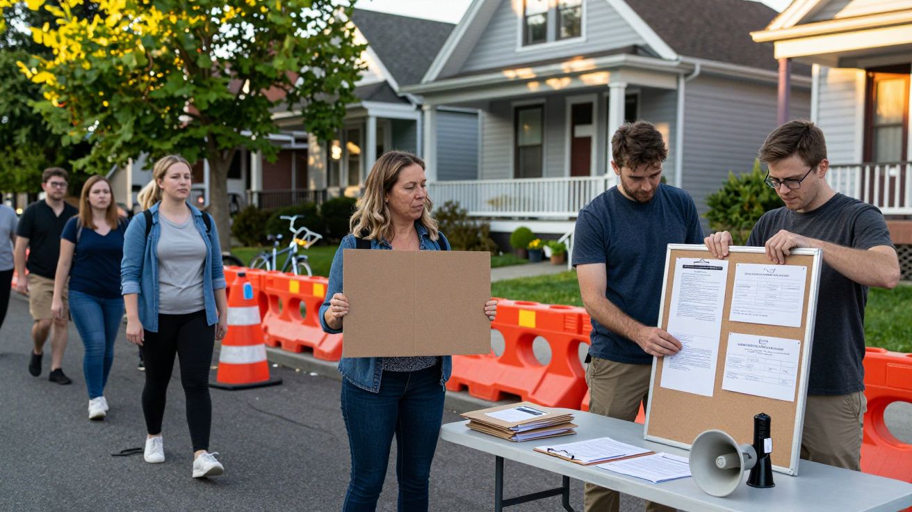 Menschen bereiten sich in einer Wohnstraße mit Kegel, Schildern und Megafon vor. Häuser und Bäume im Hintergrund.