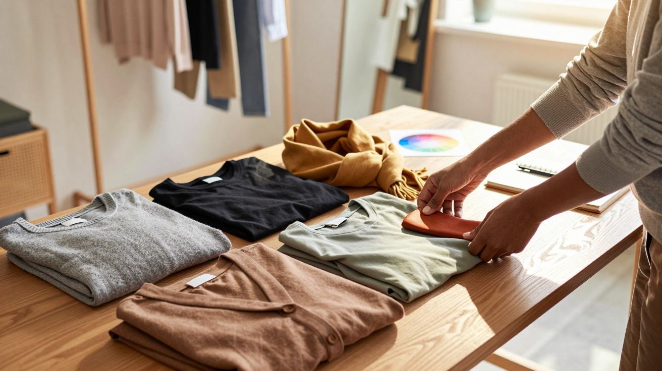 Person arrangiert Kleidung auf einem Tisch: grauer, schwarzer, hellgrüner und brauner Pullover, Schal und Farbkreis.